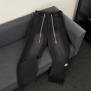 American Retro Loose Jeans for Men, Summer Trendy Street Style, Washed Vintage Striped Patchwork Casual Wide-Leg Pants