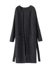 时尚女纯色圆领腰带羊绒大衣口袋毛衣长款针织衫外套秋冬保暖简约