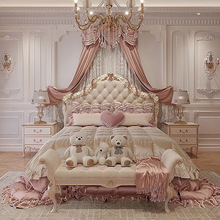 法式复古实木双人床手工雕刻床头柜 轻奢定制卧室家具1.8米婚床