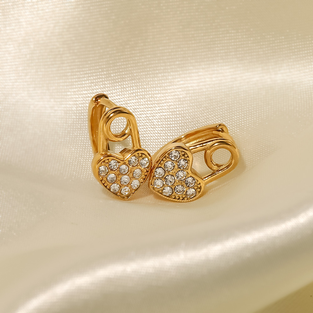 Fashion Geometric Heart Shape Stainless Steel Rhinestones Hoop Earrings 1 Pair