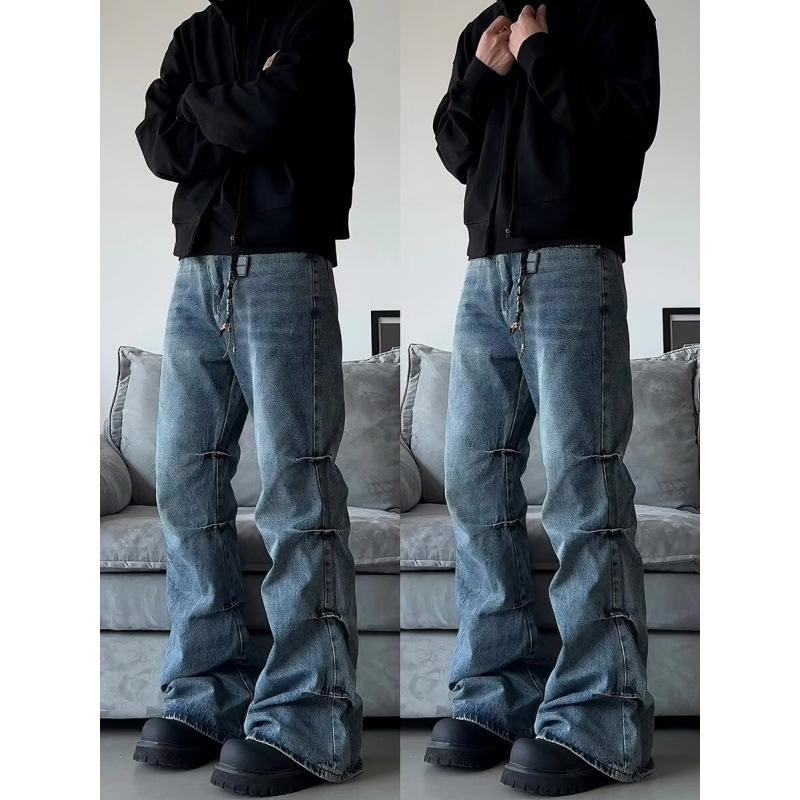 Men's Clothing high street side pleated design flared jeans loose distressed cleanfit wide leg trousers trend_voghion.com