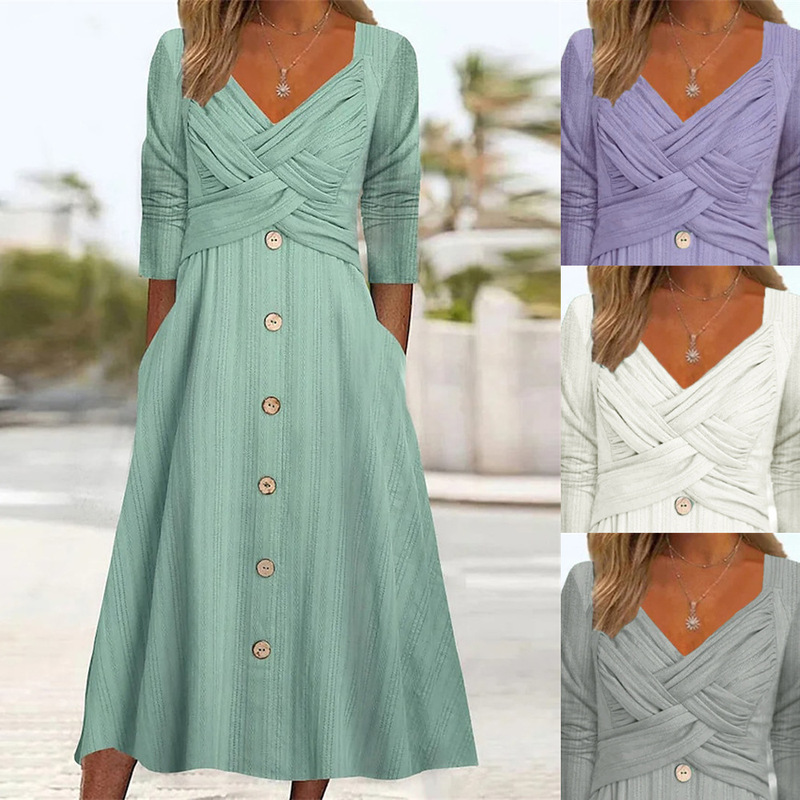 In stock 2023 autumn and winter New European and American women's solid color long sleeve V-neck cross button casual dress long dress In stock 2023 autumn and winter New European and American women's solid color long sleeve V-neck cross button casual dress long dress