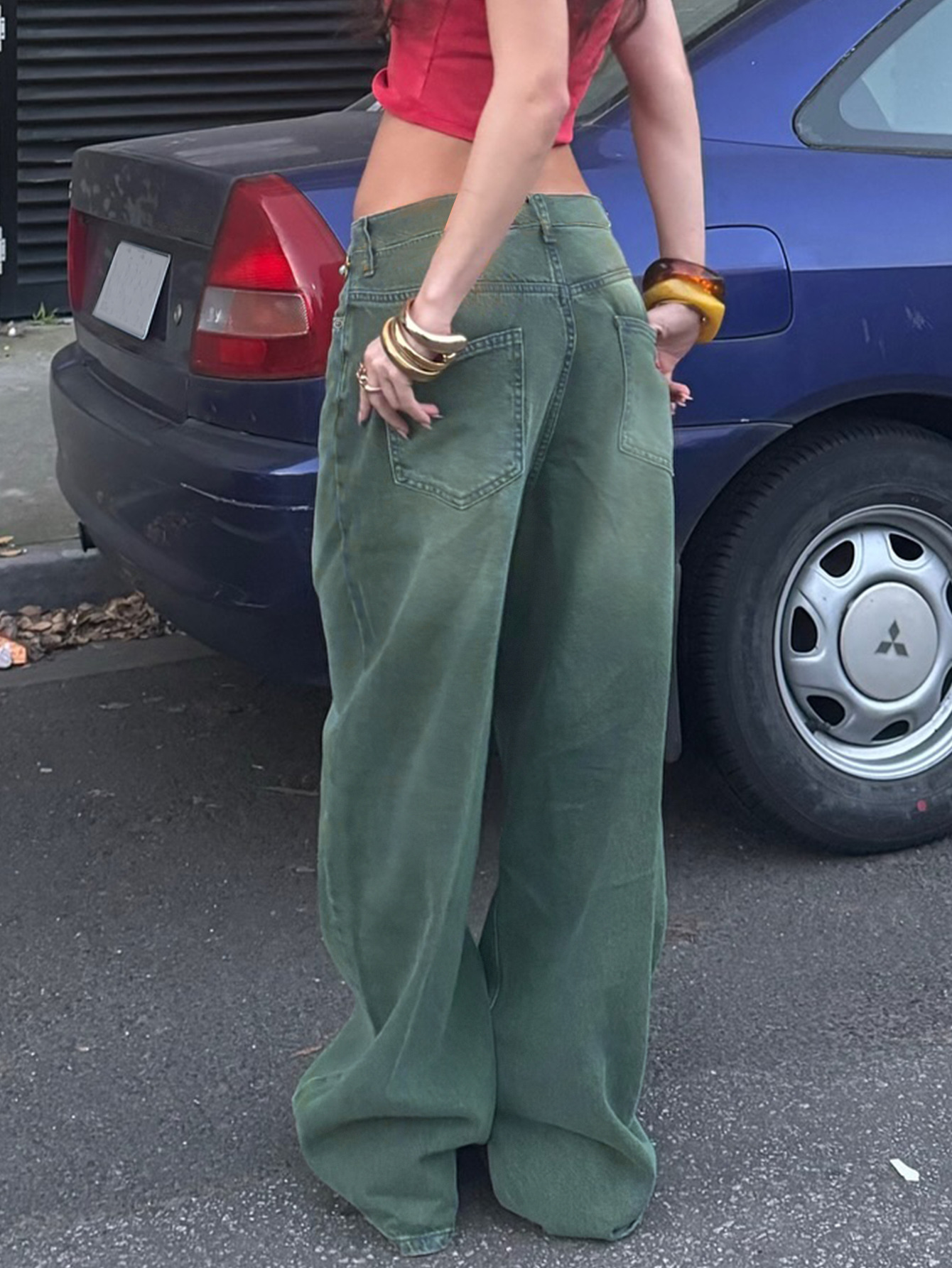 Vaqueros anchos de mujer estilo retro rectos lavados y rasgados_voghion.com