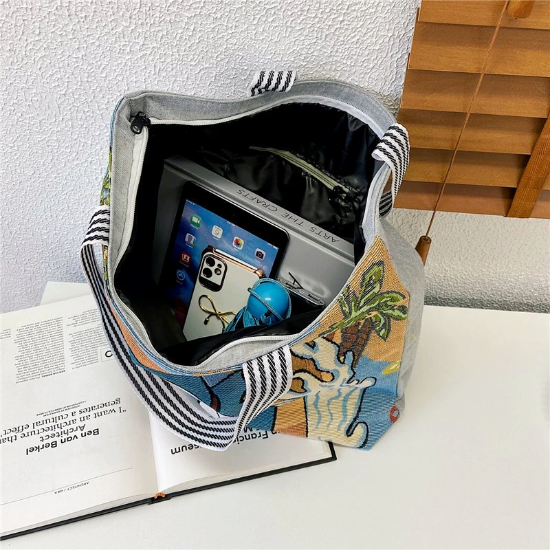 Вышитая льняная Tote-сумка с рисунком кролика, ручная переноска, полосатые ручки, лёгкий вес