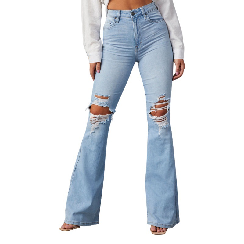 Venta directa de fábrica, nuevos jeans rotos de talle alto estilo europeo y americano para mujer, pantalones acampanados de estilo urbano, pantalones largos 2025