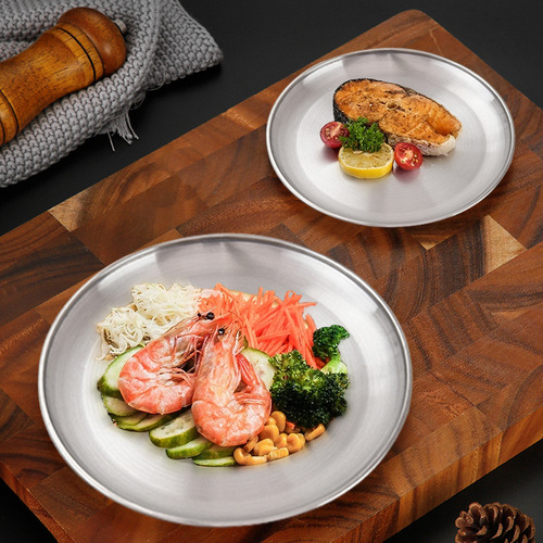 Food-grade Korean stainless steel disc barbecue plate silver tray fruit plate barbecue buffet plate shallow plate bone plate