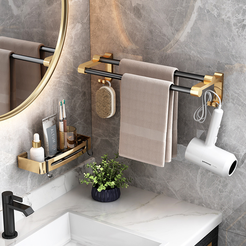 Bathroom Towel Rack Single Rod No-Drill Towel Drying Rod Bathroom Storage Shelf Double Rod Black and Gold Hanging Rod