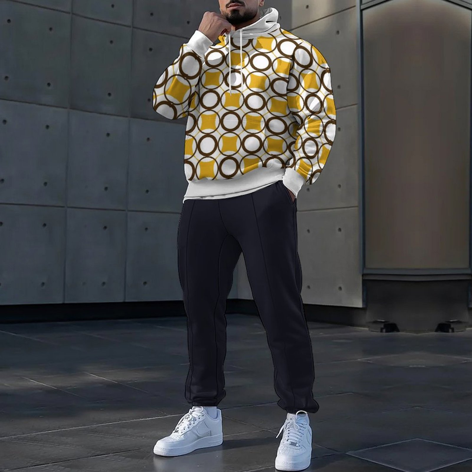 Otoño nuevo estilo de los hombres colorido color de contraste estilo de diseño estilo popular cordón suéter con capucha pantalones MC11-ML1