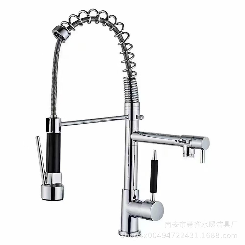Cross-border stainless steel high-pressure spring kitchen faucet, pull-out cold and hot sink, sink for washing vegetables, double water outlet with spray gun Item Picture