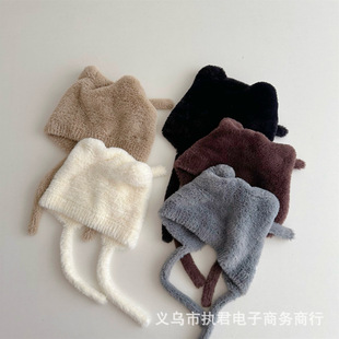 2024 winter cute solid color plush hat foreign style cartoon super cute small tail foreign style strap warm pullover hat