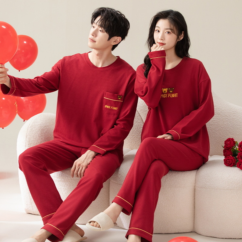 Pijama de otoño y invierno para parejas, traje rojo de mangas largas para hombres y mujeres, boda, chaqueta de fiesta, ropa casera casera
