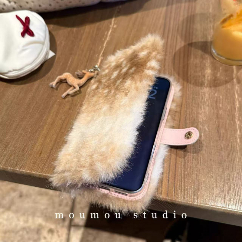 Autumn and Winter Deer Plush Flip Cover Suitable for Iphone17Promax Apple 16 Mobile Phone Case 15 New Style 14 Anti-Fall 13