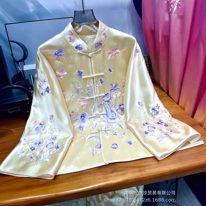 2588 New Chinese Style Pink Purple Spring Orchid Bird Embroidery Front Zipper Stand Collar Acetate Small Jacket