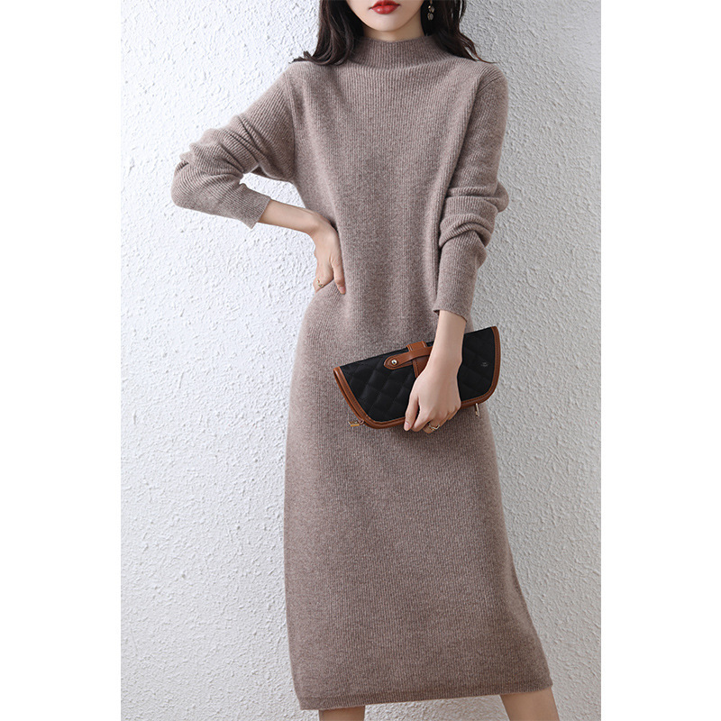 Falda larga de estilo elegante para ir al trabajo, otoño e invierno 2025, vestido de punto de color puro con cuello medio de punto, intelectual y suave. image 9