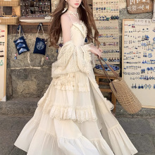 “梧桐琥珀”波西米亚风蕾丝露背防晒开衫气质连衣裙法式复古长裙