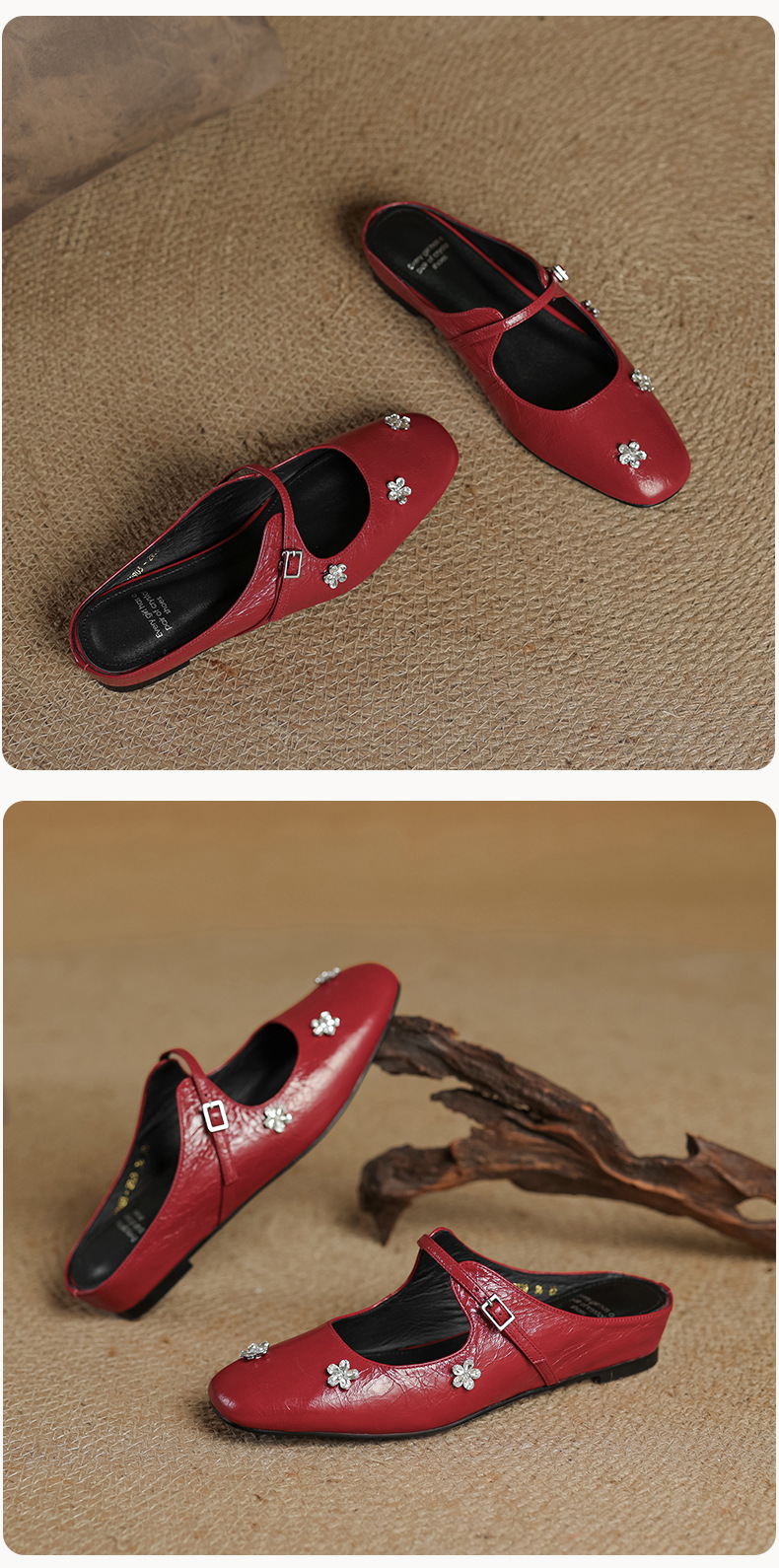 Sandal mule nữ gót thấp mũi kín đính đá pha lê màu rượu vang đỏ — Rượu vang đỏ chi tiết 23
