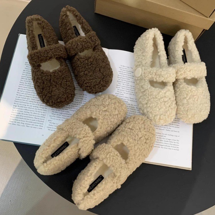 2024 Winter New Mao Mao Shoes Shallow Mouth fleece-lined Warm Fashion All-match Flat Cotton Shoes Motoring Shoes Pregnant Women's Shoes