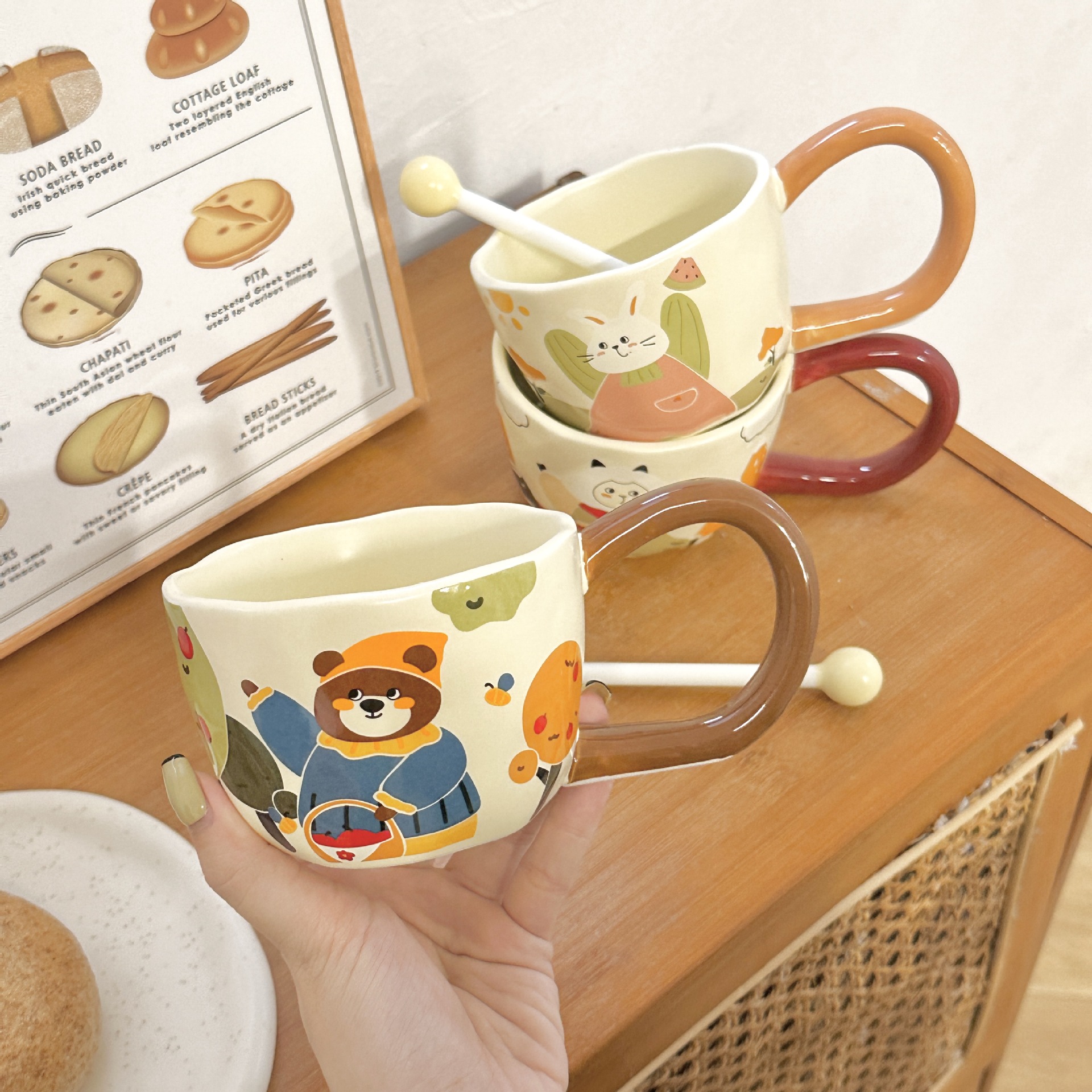 Ins-style cute ceramic mug with unique design, large ears water cup for girls, coffee breakfast cup for men