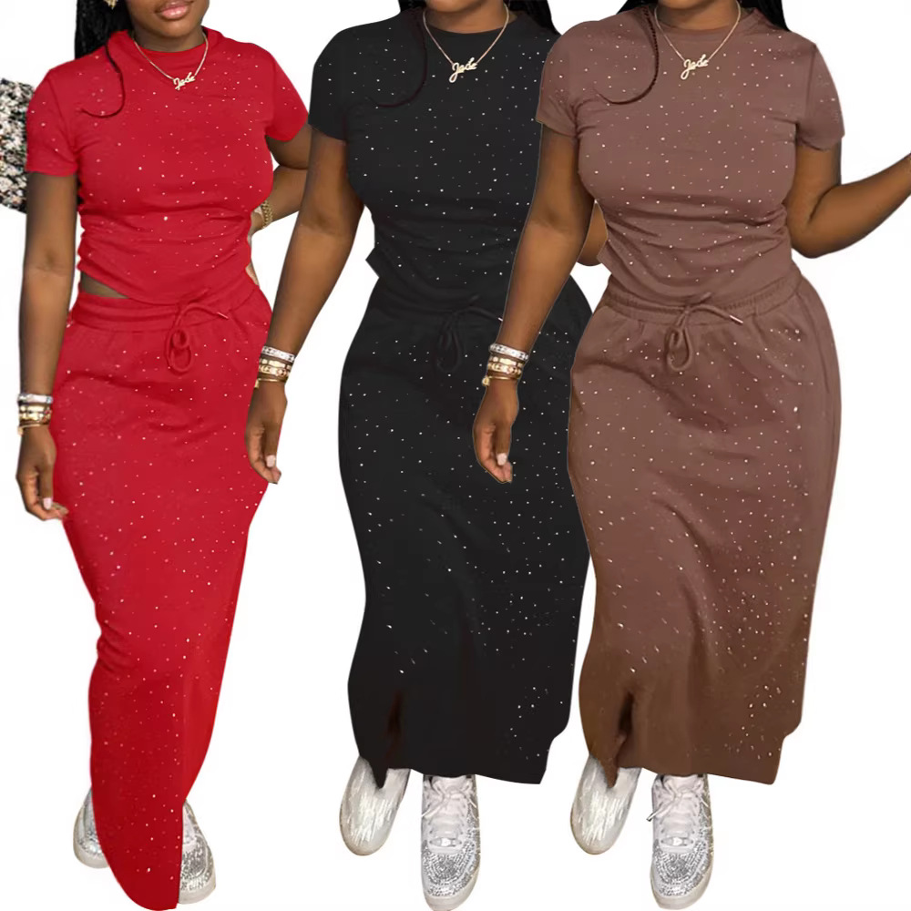 Completo due pezzi da donna con strass, abito lungo a maniche corte, stile americano alla moda, stile disinvolto per tutti i giorni._voghion.com