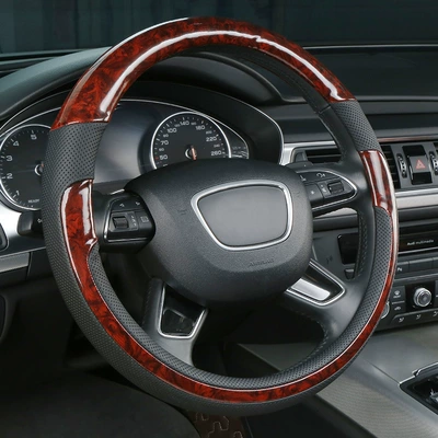 Wood Grain, Nappa Leather, Four-Season – Steering wheel cover - peach-wood-black-wine-red-38cm