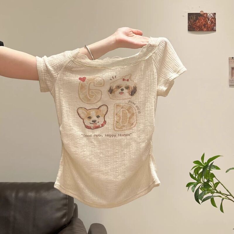 Apricot-Colored Dog Print One-Shoulder Lace Off-Shoulder Waist-Cinching T-Shirt 2026 Spring/Summer New Slim-Fit Top for Women Apricot-Colored Dog Print One-Shoulder Lace Off-Shoulder Waist-Cinching T-Shirt 2026 Spring/Summer New Slim-Fit Top for Women