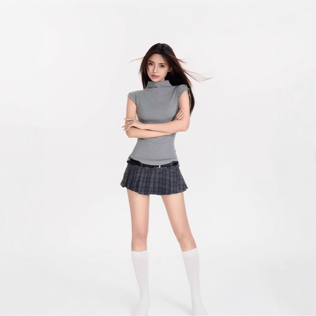 한국 인터넷 연예인 하프 터틀넥 민소매 섹시 티셔츠 여름 핫걸 슬림핏 허리 슬리밍 퓨어 디자이어 반팔 탑