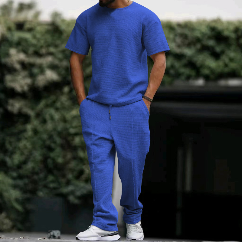 Los pantalones de manga corta de los hombres europeos y americanos se adaptan a la galleta pesada oversize Plus size Amazon cuello redondo traje casual