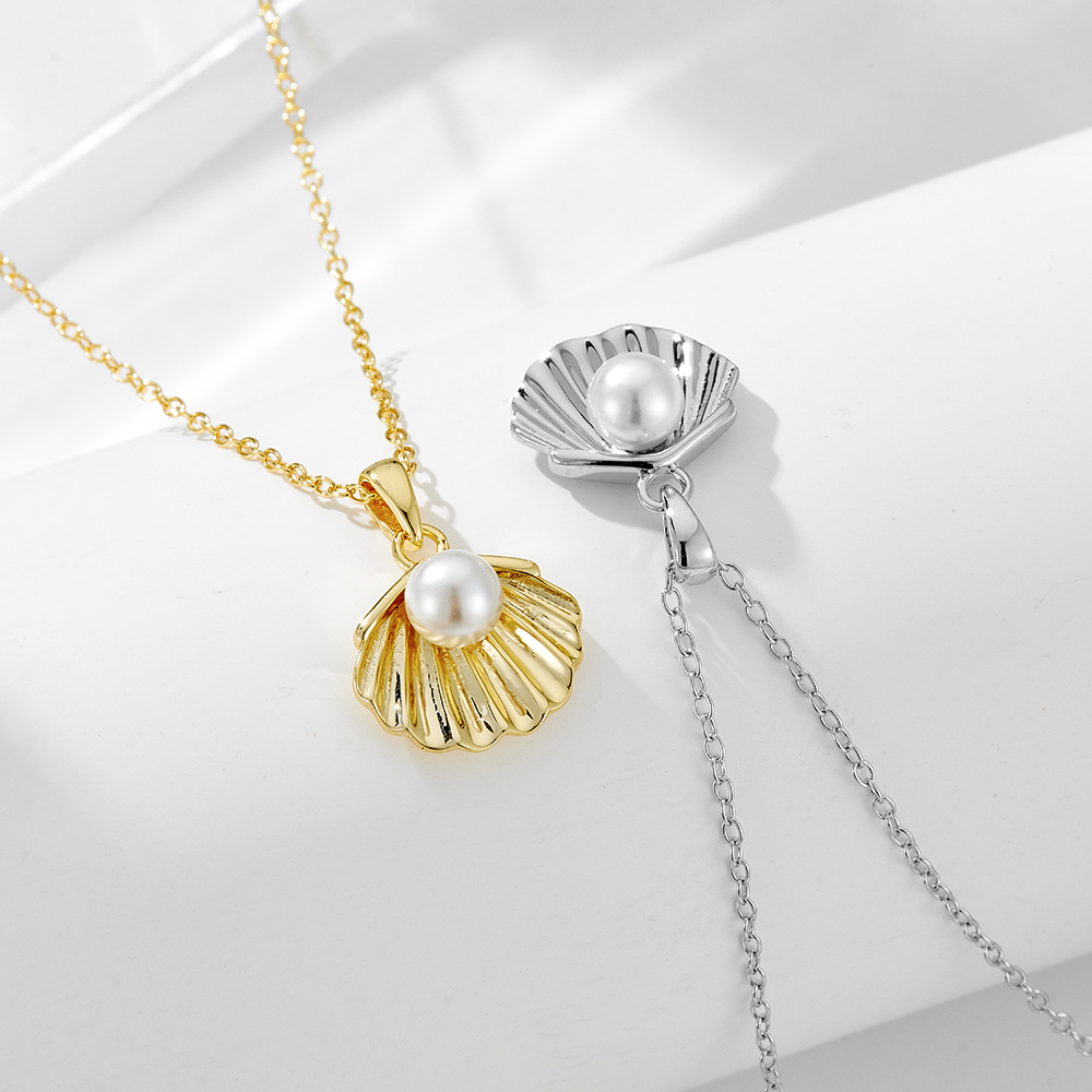 S925 plata de ley chapada en oro de 14K collar de concha de perla de oro temperamento elegante femenino europeo y americano ins diseño de nicho sentido cadena de clavícula