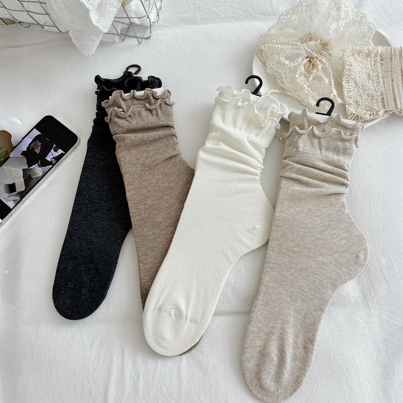 Suxinaimin Summer Thin Socks for Women with Double Ruffles, Lace Edge, Japanese Style Versatile Ruffled Mid-Calf Socks