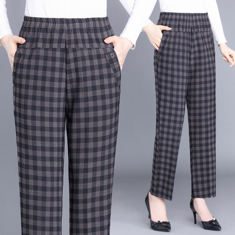 Middle-Aged and Elderly Women's Long Pants, Spring and Autumn Casual Pants, Plus-Size Plaid Winter Fleece-Lined Straight-Leg Pants, Commuter Style
