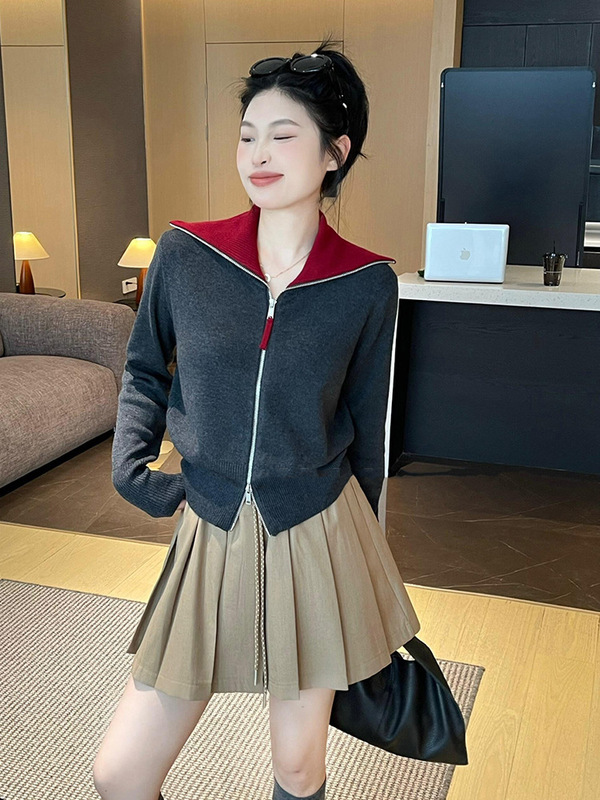 韩系白色海军领拉链针织开衫外套秋季新款女装设计感外穿长袖上衣|undefined