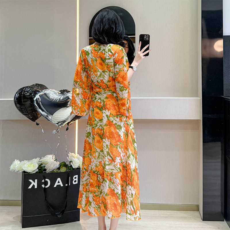 Summer Van Gogh Orange Kite Marigold Jacquard Print Chiffon V-Neck Irregular Dress_ecoleips.com