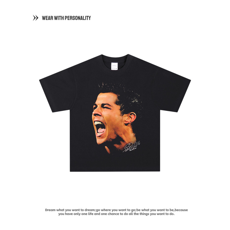 American Retro Short-Sleeved Football Star Ronaldo Washed Long and Short-Sleeved Men's Pure Cotton Heavy Sweatshirt High Street Small Neckline