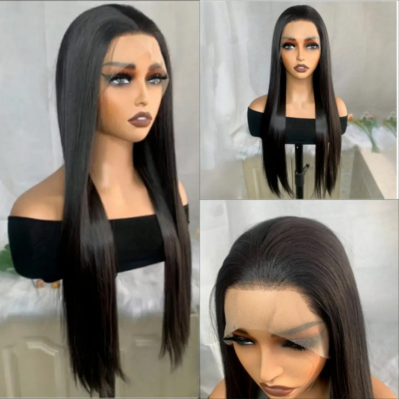 13X4 Front Lace Wig 1B # Long Straight Matte High-Temperature Synthetic Hair Factory Wholesale European and American Cross-Border Wigs