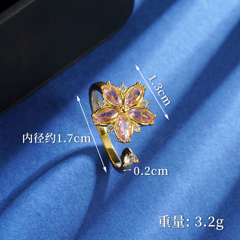 Shajin simple collar pétalos de pentaco joyería popular cristal de polvo universal lujo ligero anillo abierto en vivo explosión al por mayor