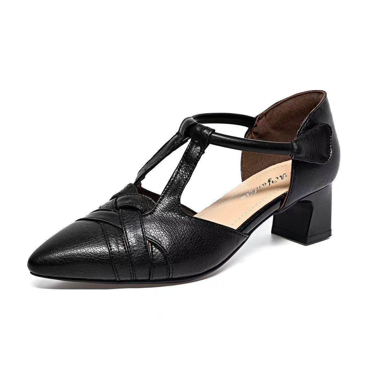 Sandal nữ da thật mũi nhọn gót vuông ổn định, đế mềm thoáng khí — màu be