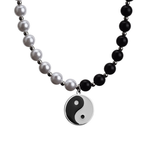 2pcs Stainless steel necklace Tai Chi disc pendant necklace Black and white pearl long necklace Punk rock dance unisex choker