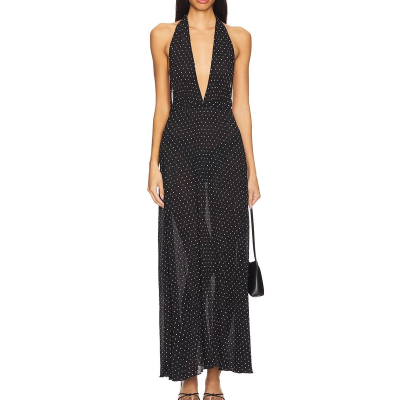 2025 Cross-Border Ins Style Fashionable Long Dress with Sheer Deep V-Neck Halter Neck and White Dot Print for Women 2025 Cross-Border Ins Style Fashionable Long Dress with Sheer Deep V-Neck Halter Neck and White Dot Print for Women