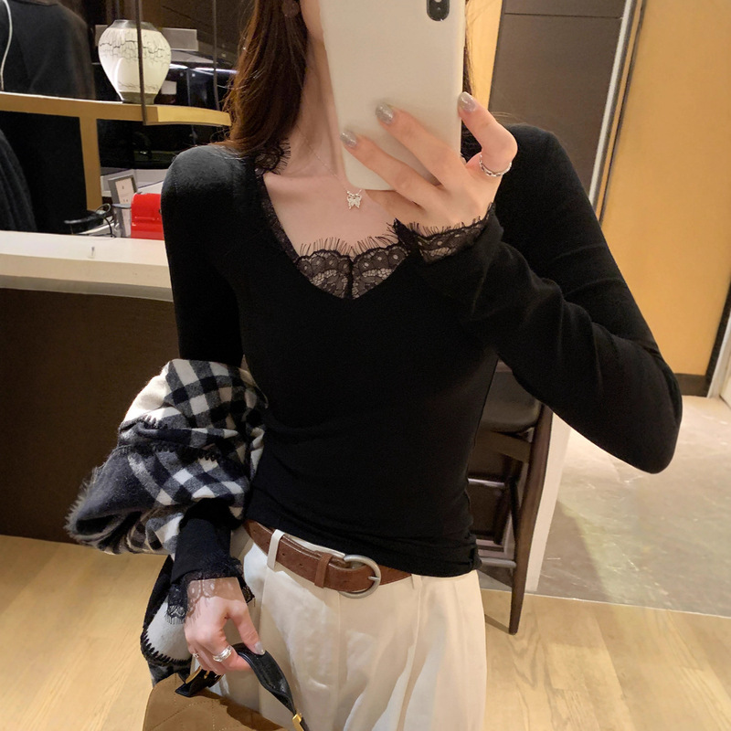 纯欲风蕾丝花边v领显瘦打底衫2025早秋新款叠穿内搭修身长袖T恤女|undefined