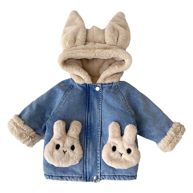 Осенне-зимнее джинсовое пальто для девочек на флисовой подкладке, детское зимнее утепленное джинсовое пальто с капюшоном, детский топ для девочек маленького и среднего размера