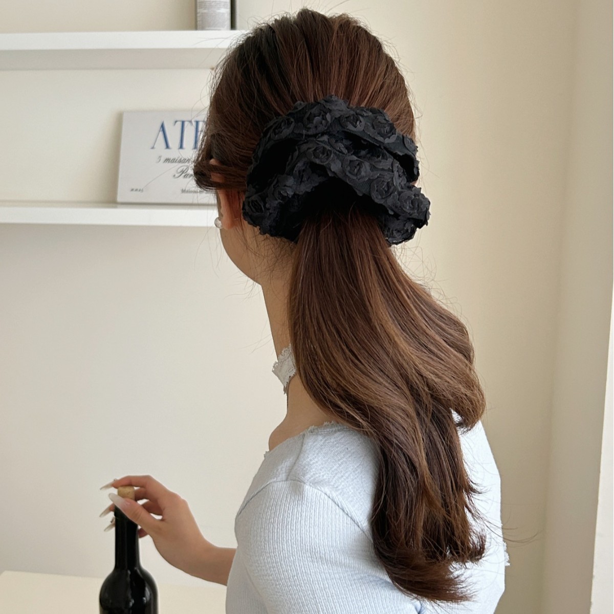 Sentido de niña, rosa tridimensional, plisado de encaje, lazo para el cabello de intestino grueso, cola de caballo baja para mujer, cuerda para el cabello, accesorios para el cabello, tocado para el cabello