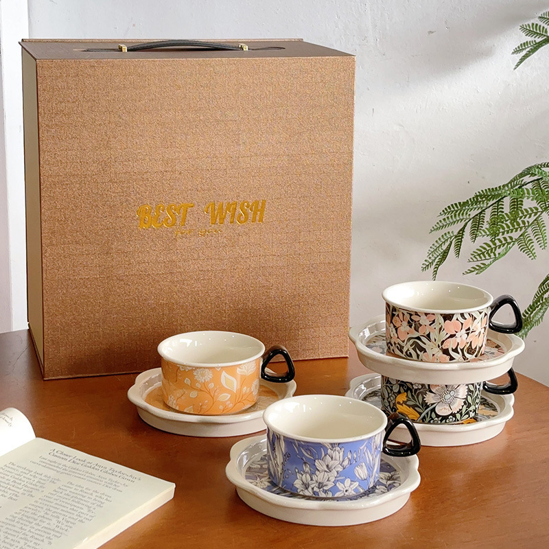 French Floral Cup and Saucer Gift Box Set Ceramic Coffee Cup and Saucer Souvenir Afternoon Tea Cup Retro Coffee Cup and Saucer