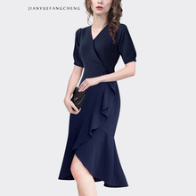 欧货夏季法式短袖连衣裙女荷叶边OL职业裙中长款泡泡袖显瘦鱼尾裙