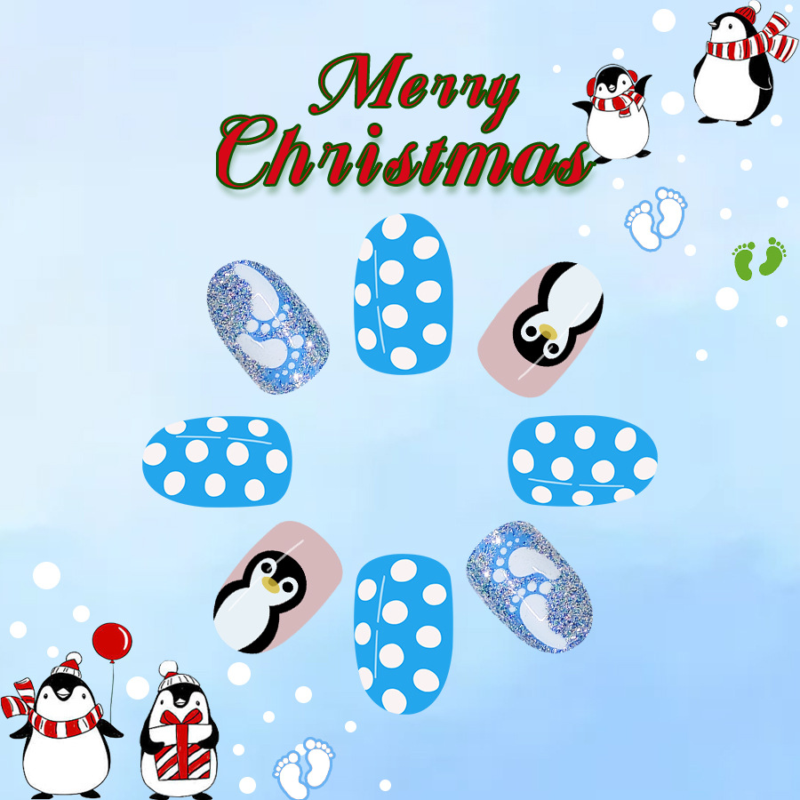 Adesivo per manicure natalizio ovale corto scintillante, glitter, pinguino stupido, fiocco di neve, staccabile, armatura da indossare, 24 pezzi_voghion.com