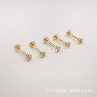 Cross-Border Hot Selling 14K Real Gold Inlaid Zircon Lip Nail Tongue Nail 14K Gold Inner Spiral Piercing Jewelry Lip Nail