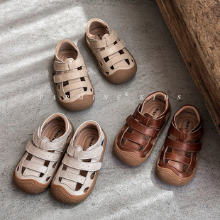 Leather children's baotou anti-kick shoes simple summer new men's and women's baby soft-soled toddler sandals a generation of hair