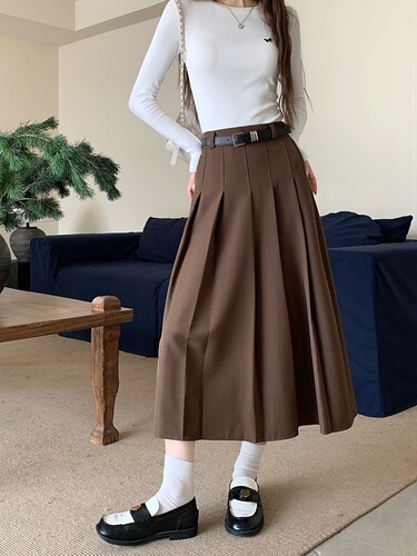 Woolen Korean style French retro autumn and winter  new a-line skirt high-waisted umbrella skirt slimming mid-length coffee color