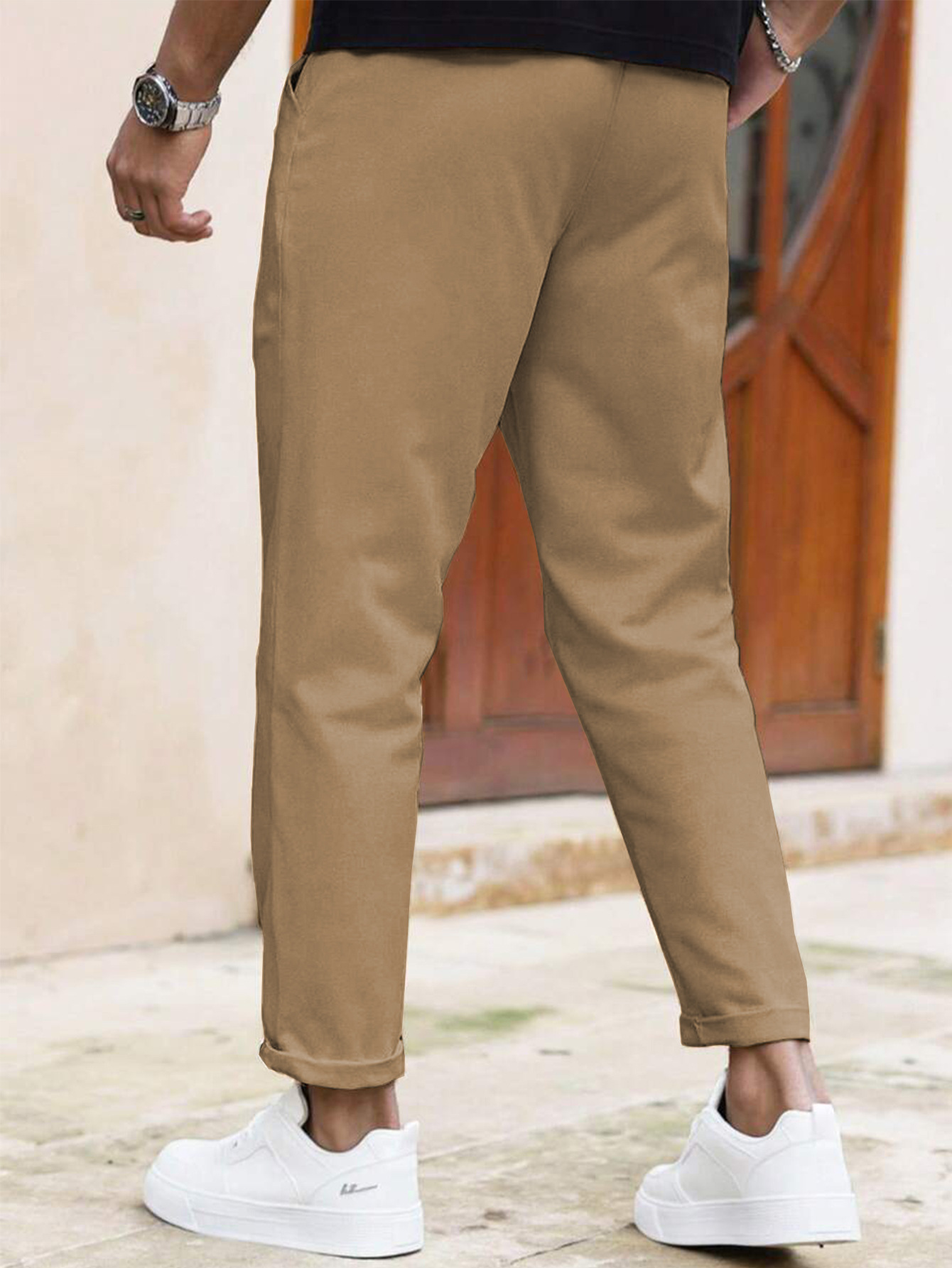 ​​"Men's Slim Fit Casual Pants - Solid Color Drawstring Waist, Lightweight Polyester For Everyday Comfort & Street Style"​​_viptrois.com