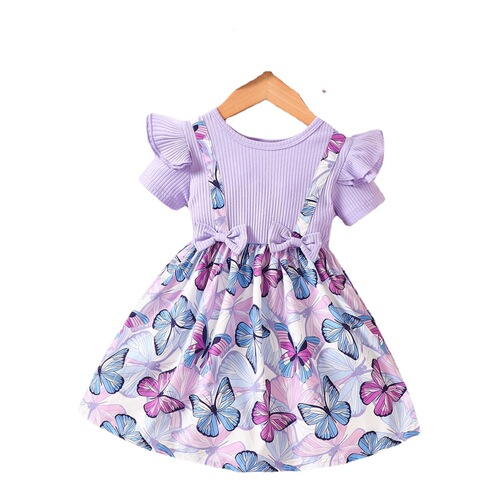 Cross-border Instagram junior girls summer fly sleeve short sleeve bow print two-piece fashionable dress trendy