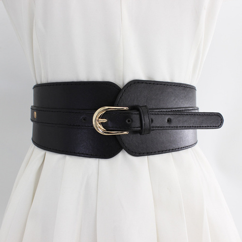 Wide belt for women with pin buckle decoration dress elastic PU piece elastic girdle European and American retro fashion girdle for women